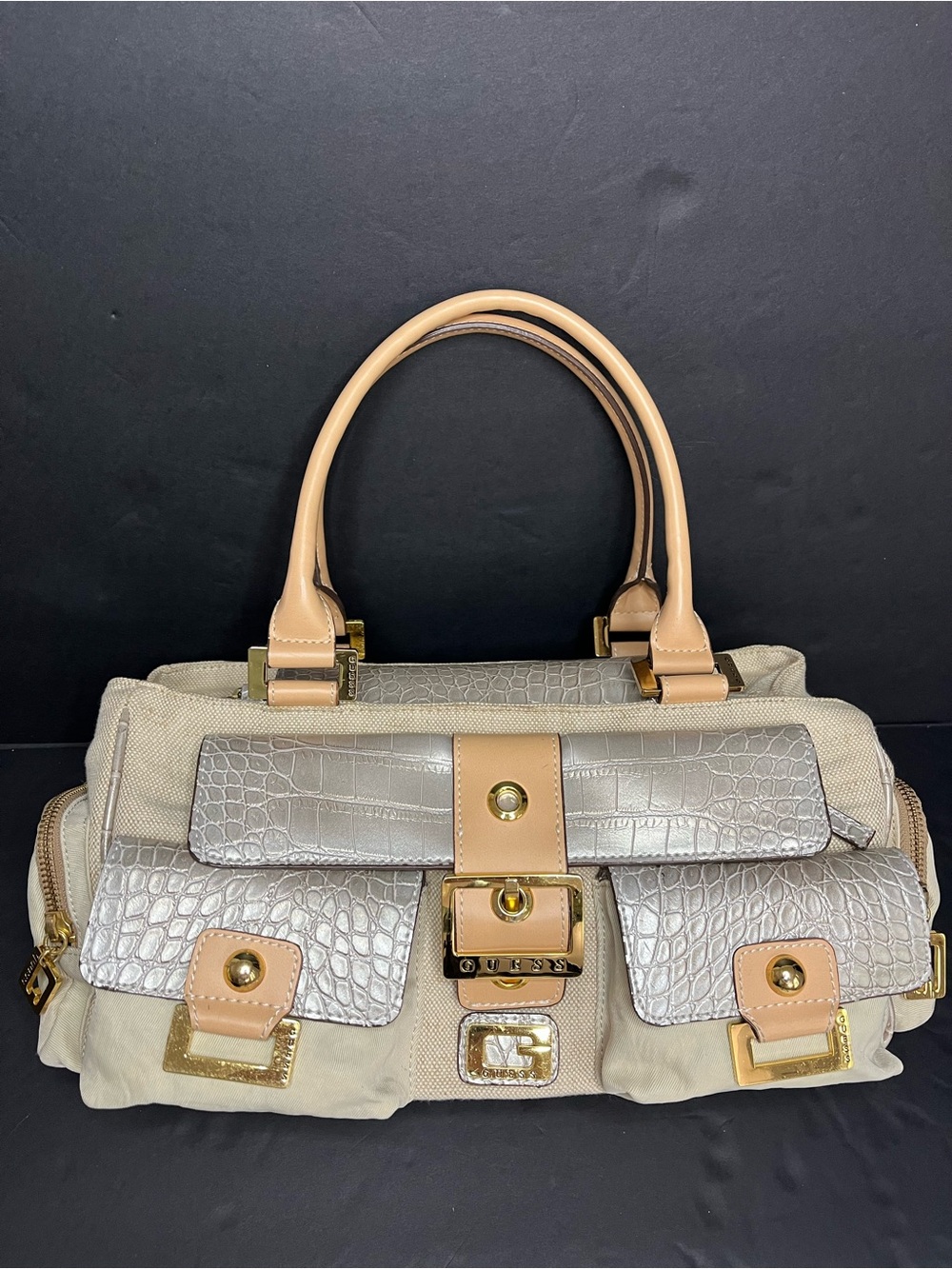 VTG Guess Beige Canvas Satchel w/ Faux Croc-Embossed Faux Leather Trim